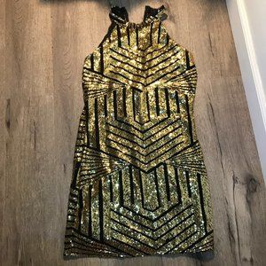 Black and Gold Sequin Bodycon Halter Dress XL Fitted, Geometric, Clubwear, Light